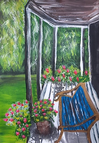 Blue bench on the porch